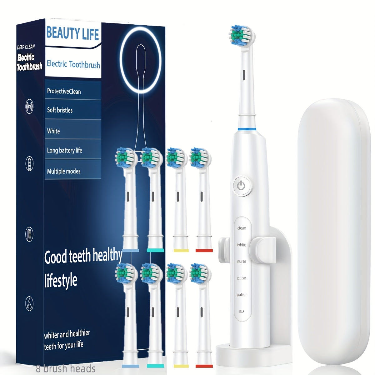 Set de Cepillo de Dientes Eléctrico con 8 Cabezales y Estuche de Viaje